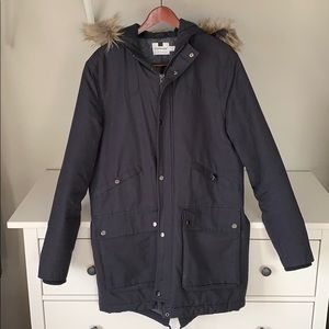 Topman Mens Hooded Fishtail Parka w/ Fur (Navy)